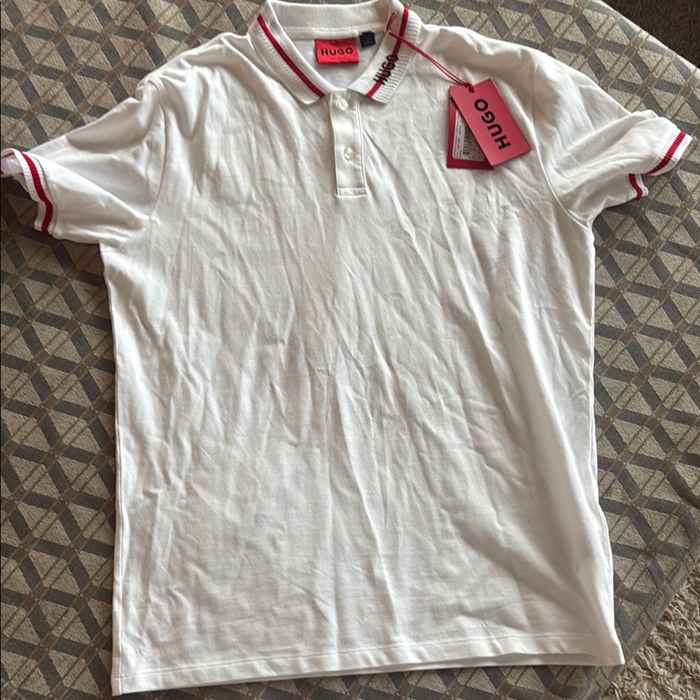 HUGO Men's White Polo Shirt with Red Accents